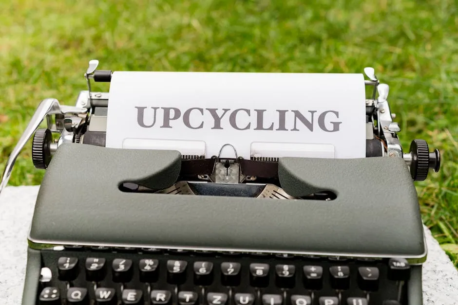 A typewriter with a paper that says upcycling