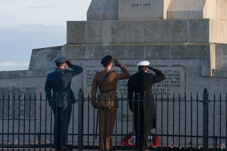 Soldiers in Coats and Hats Saluting First World War Monument