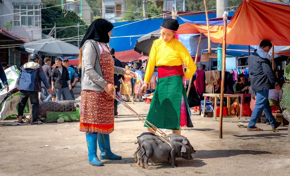 Women in Colorful Attire at Lively Outdoor Market