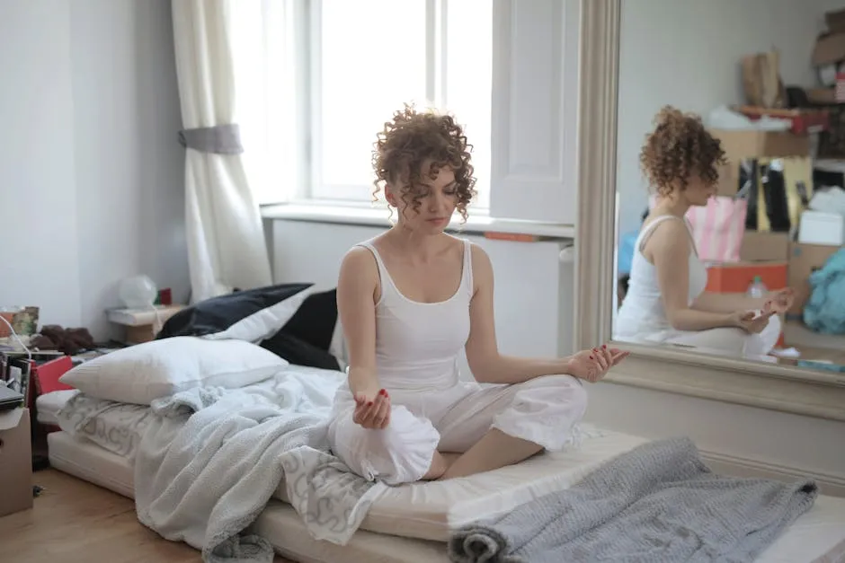 Tranquil female in sleepwear sitting on bed in messy room and practicing yoga with closed eyes while maintaining mental health