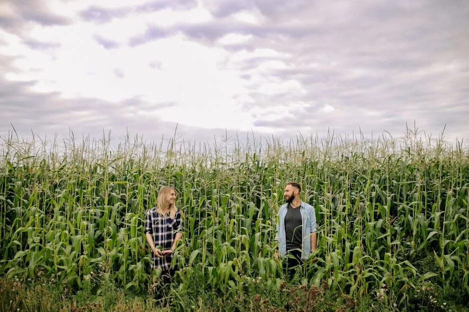 Happy Woman and Man in Corn Field