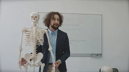 Horizontal video: Teacher with model of human skeleton 5427172. Duration: 26 seconds. Resolution: 3840x2160