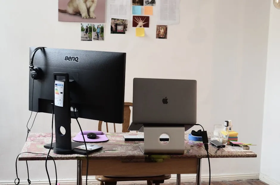 Black monitor with headphones placed on desk with modern netbook on stand against wall with photos at convenient workplace in room