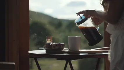 Horizontal video: Person pouring coffee from french press 7301092. Duration: 14 seconds. Resolution: 3840x2160