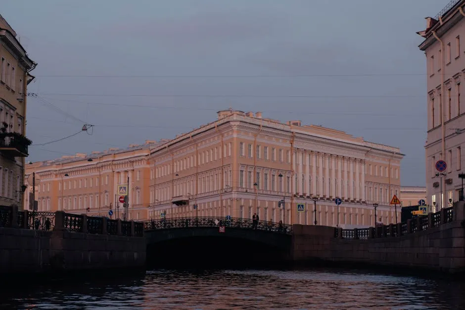 Classicist Building over a Canal Bridge in Saint Petersburg, Russia