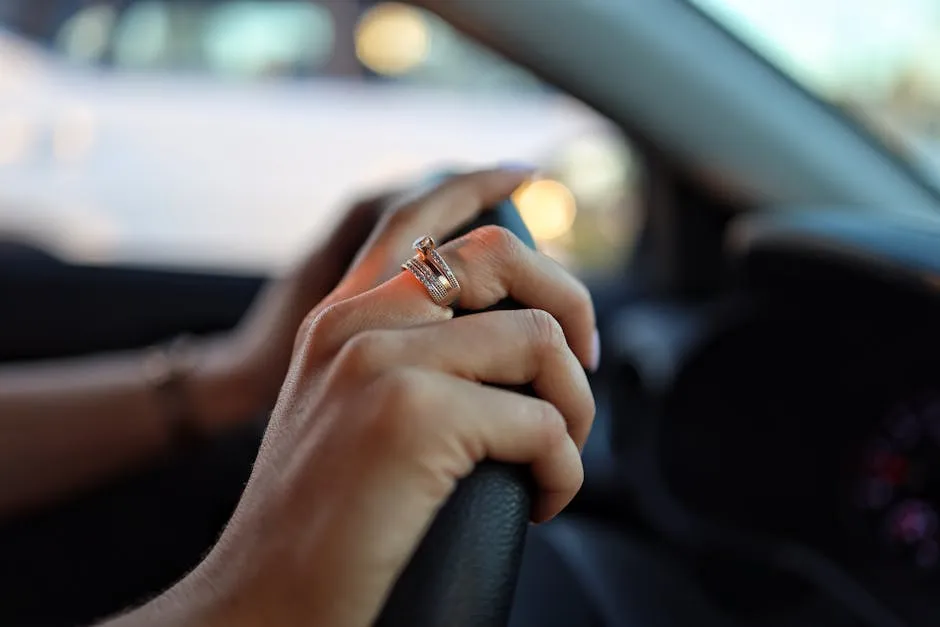 Hand with Ring Holding Steering Wheel in Car