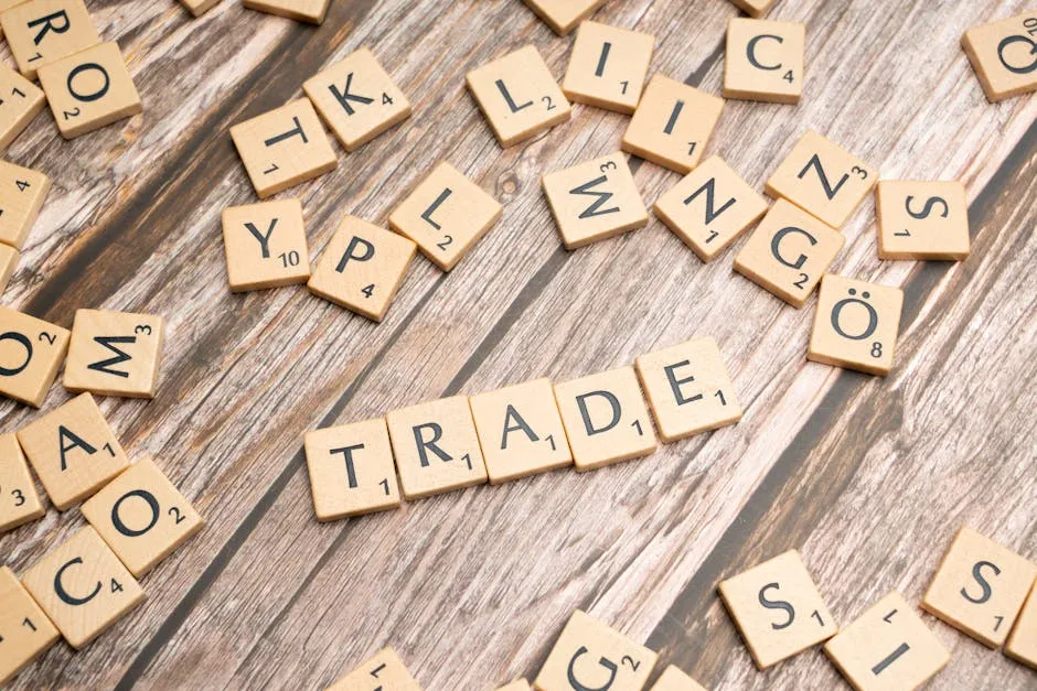 Trade and trade related words on wooden table