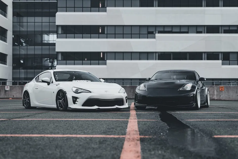 Sportscars parked in urban setting