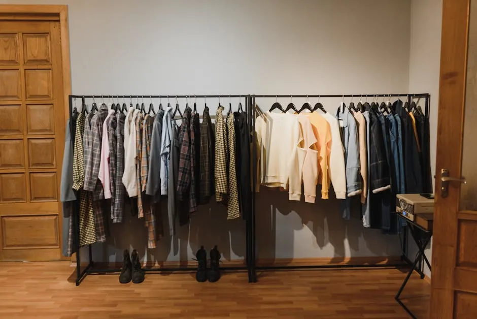 White and Black Clothes Hanging on Black Steel Rack