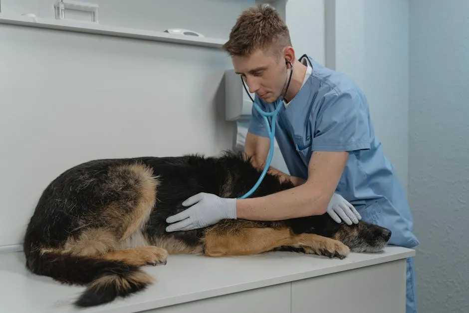 A Veterinarian Checking a Sick Dog Using a Stethoscope