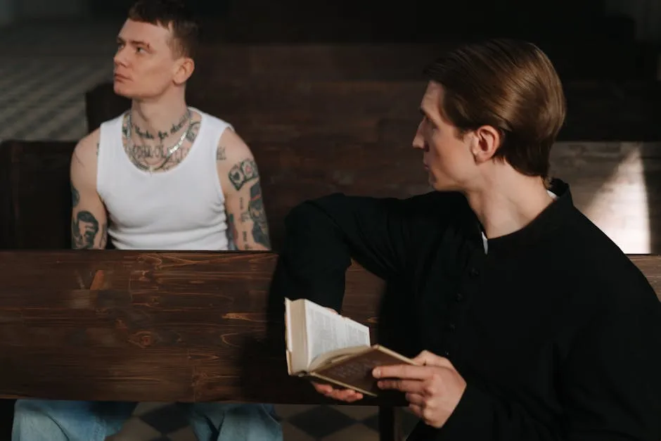 A Priest Holding a Bible while Looking at the Tattooed Man in White Tank Top