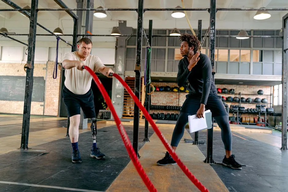 Fitness Instructor and a Man with a Prosthetic Leg Exercising with Battling Ropes