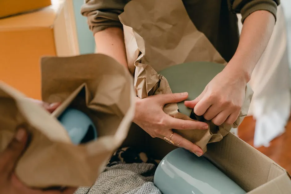 Crop unrecognizable person packing ceramic tableware in parchment