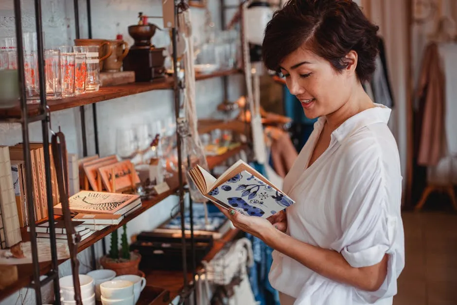 Gorgeous Asian young lady reading novel in vintage boutique