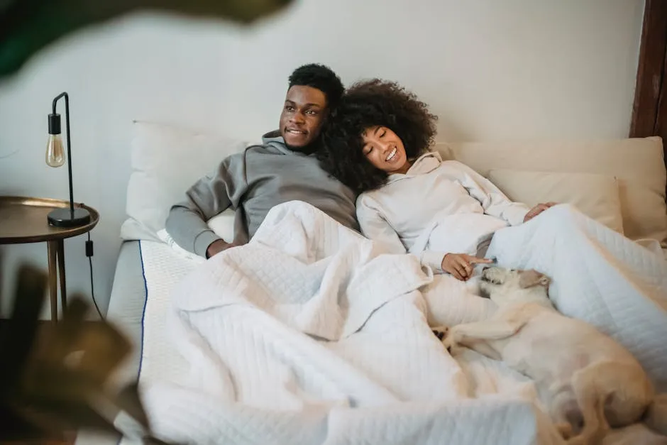 Happy ethnic couple lying in bed with dog during lazy weekend at home