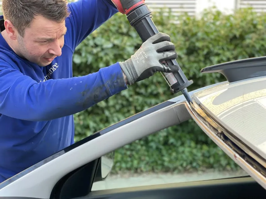 Auto Glass Technician putting Glue from Glass Placement