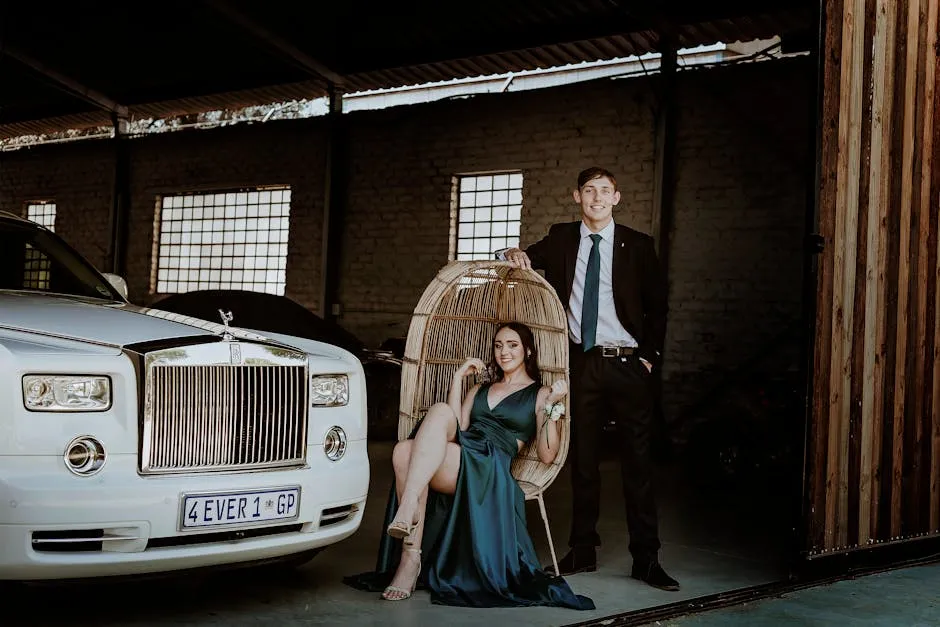 Elegant Couple Next to a White Rolls Royce 