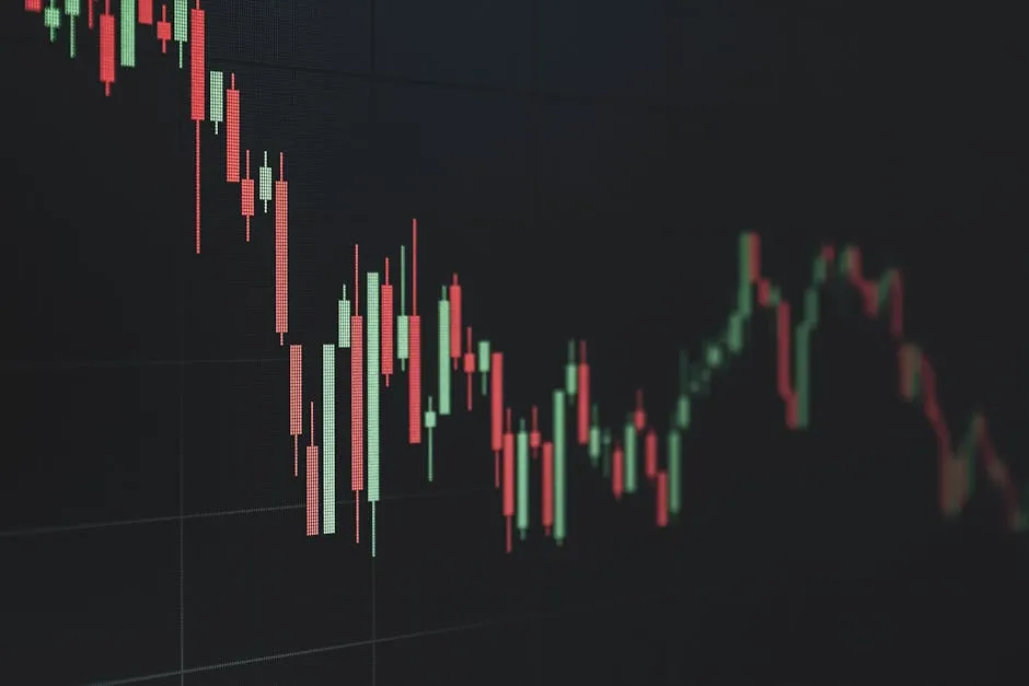 A stock chart with green and red lines