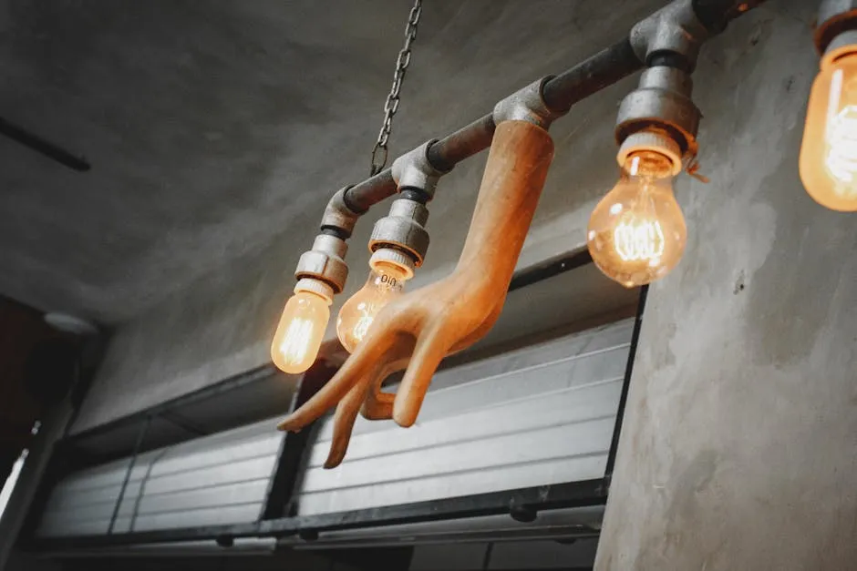 From below set of light bulbs hanging on metal railing and decorated with creative hand shaped lamp showing mudra