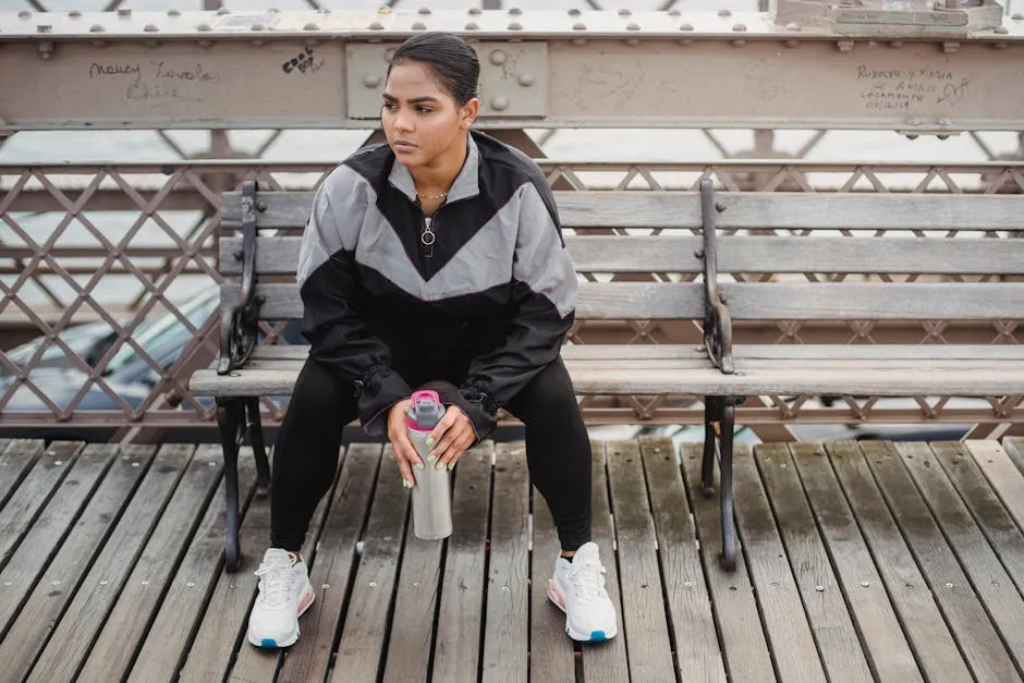 Woman Sitting on a Bench after Exercising and Holding a Water Bottle