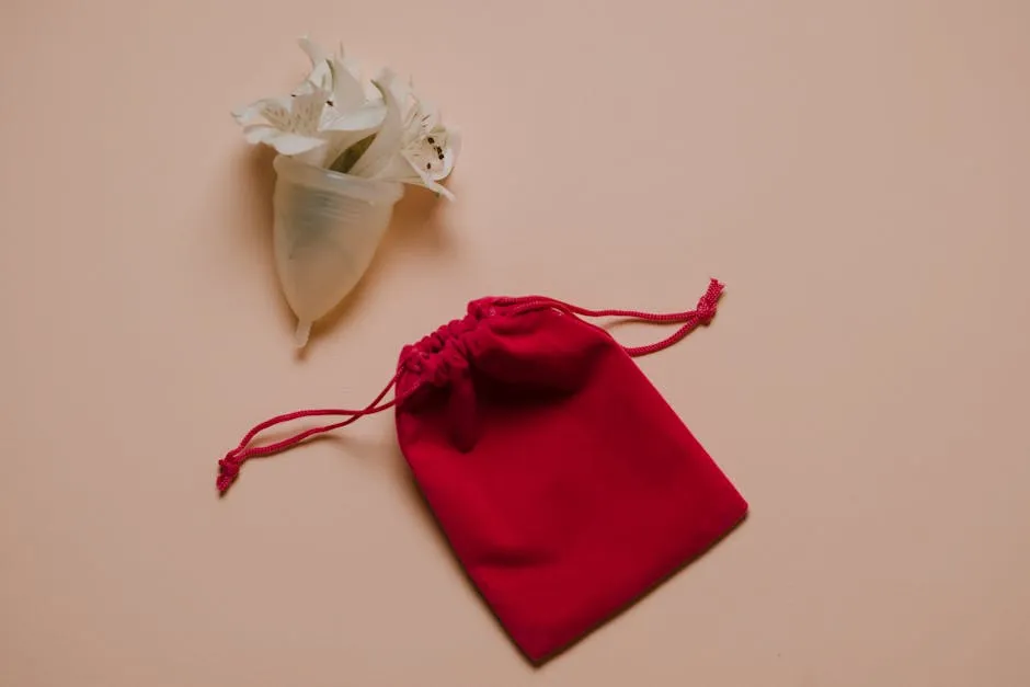 Menstrual cup with white gentle flowers placed on pink surface near bag