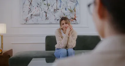 Horizontal video: A distressed woman speaking 7698617. Duration: 23 seconds. Resolution: 4096x2160