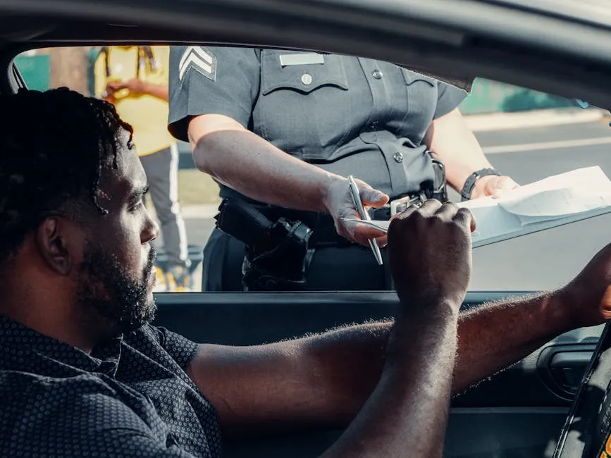 A Man Sitting Inside the Car Handing the License to the Police Officer