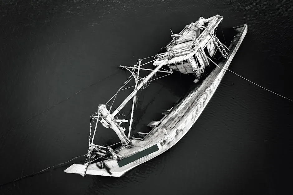 Grayscale Photo of a Sinking Ship 