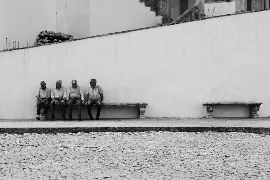 Grayscale Photo of Four Men Sitting on Bench Along the Street