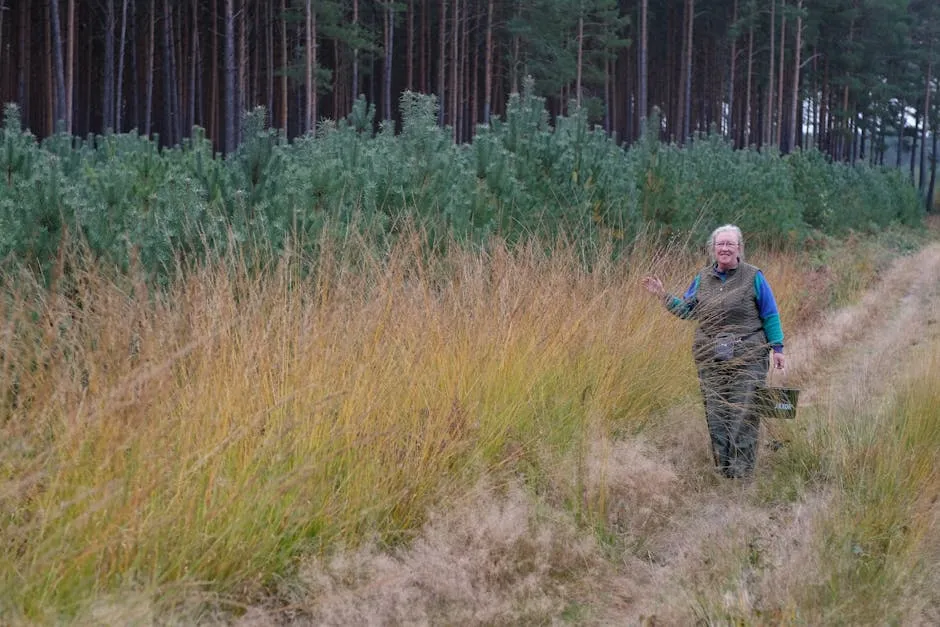 Elderly Woman Walking on Forest Path in Autumn