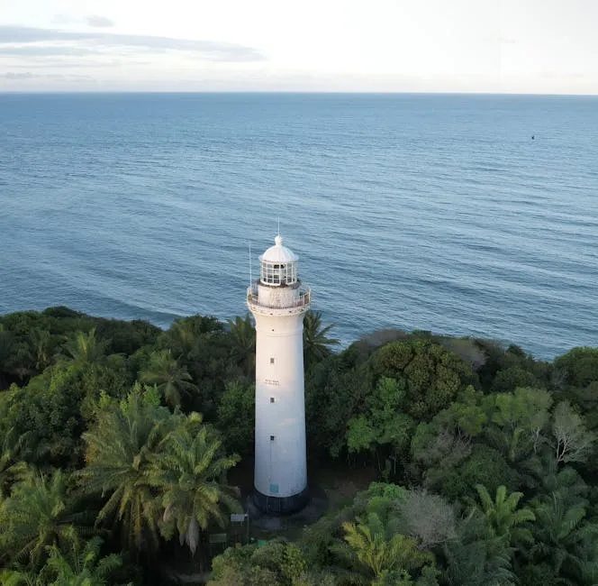 Coastal lighthouse amidst lush tropical forest