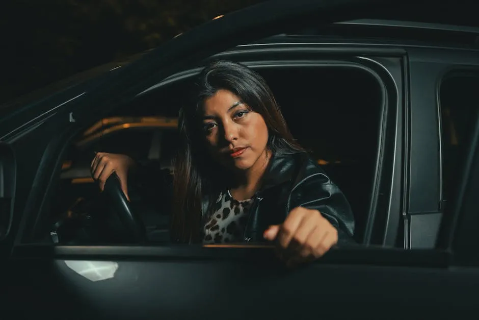 Young woman in a car at night, exuding confidence and style.