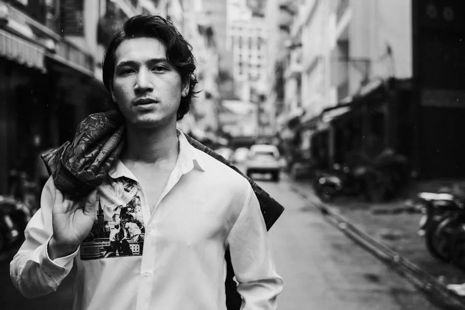 Confident young ethnic man with blazer over shoulder standing on street