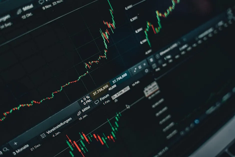 Close-up of stock market trading screen displaying financial growth and charts.