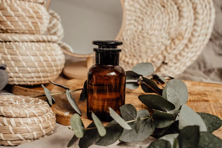 Brown Glass Bottle with a Cosmetic Product Standing among Eucalyptus Leaves and Woven Containers