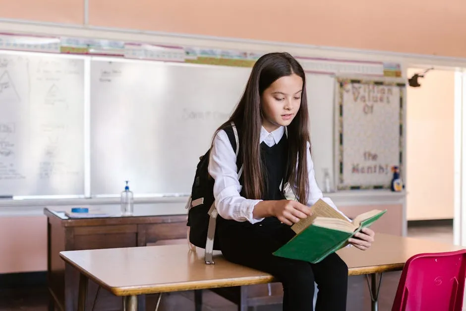 Girl Reading a Book Inside the Classroom
