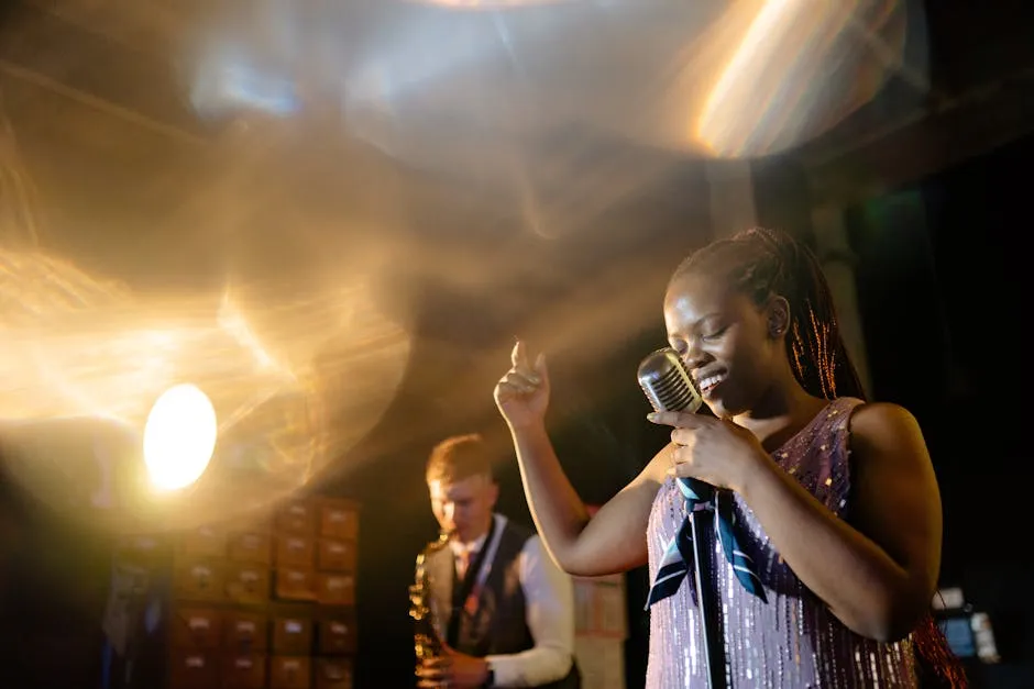 A Woman Singing Holding a Microphone Near a Man Playing the Saxophone