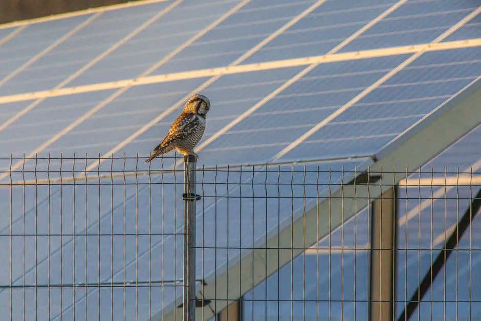 A bird perched on a fence next to a solar panel