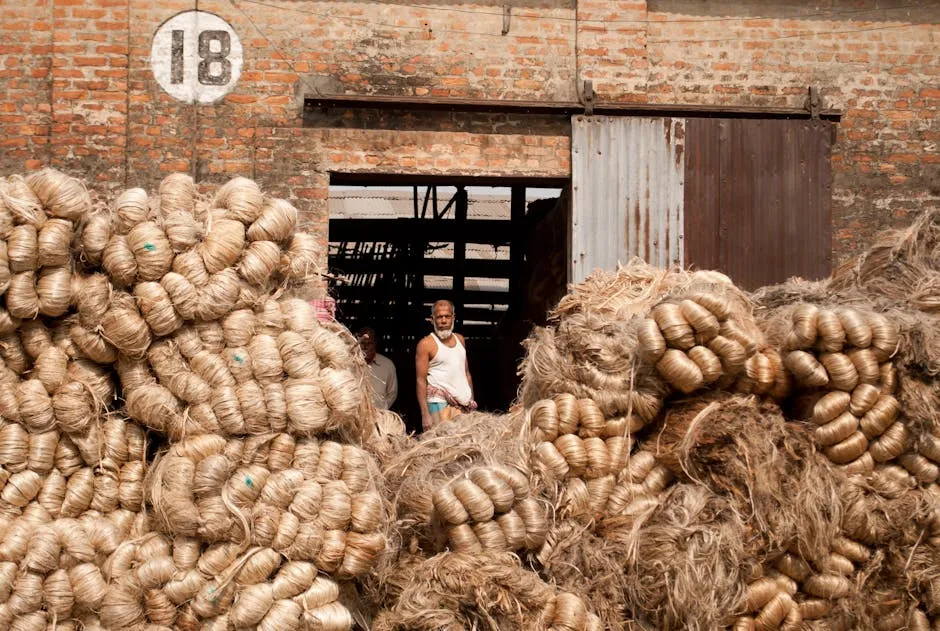 Worker Standing Behind Jute Fibres in Factory