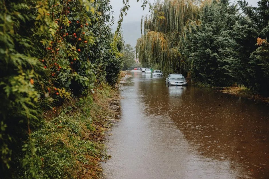 Urban Flooded Street with Submerged Cars
