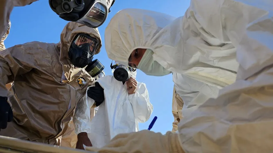 Technicians in Hazmat Suits Conducting Inspection