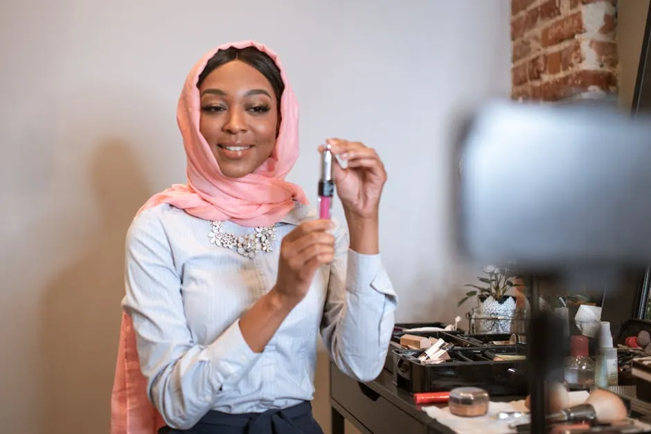 Female Vlogger in Pink Hijab doing a Video Vlog