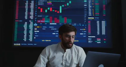 Horizontal video: Man analyzing the market 7579953. Duration: 16 seconds. Resolution: 4096x2160