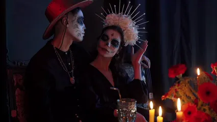 Horizontal video: A couple with a muertos face painting 7707880. Duration: 24 seconds. Resolution: 1920x1080