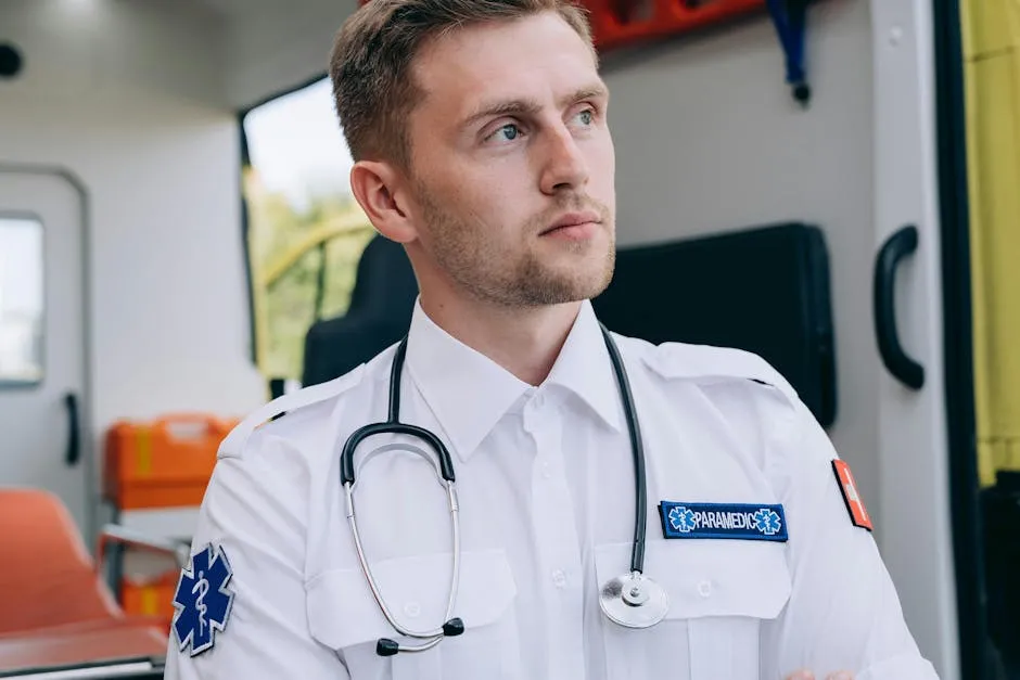 Paramedics with Stethoscope Standing in Front of an Open Ambulance