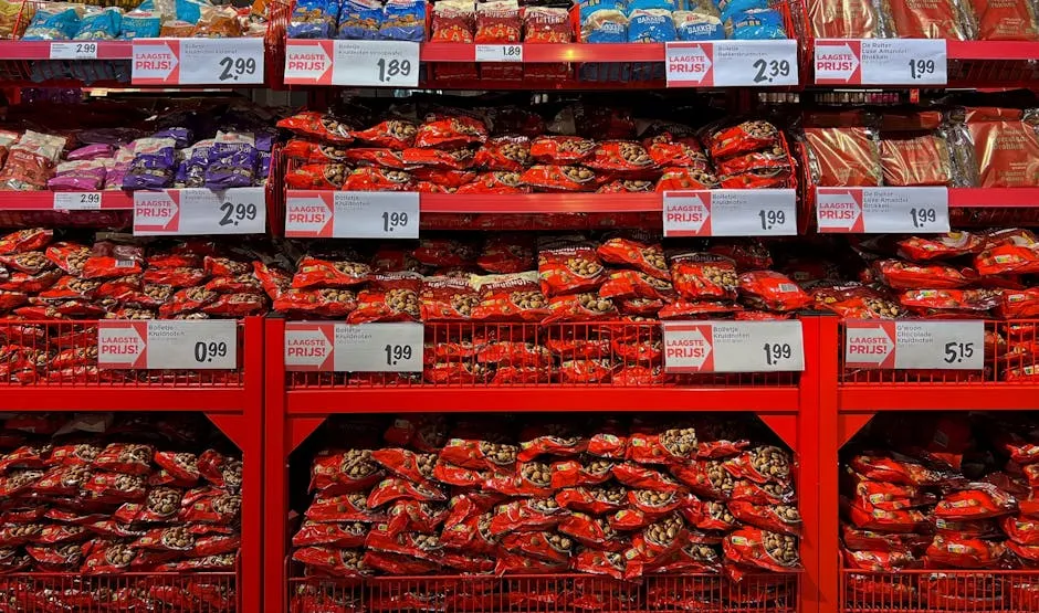 Colorful Candy Display in Supermarket Aisle