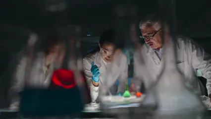 Horizontal video: Scientists in discussion about the liquid samples they are working on 3191916. Duration: 22 seconds. Resolution: 3840x2160