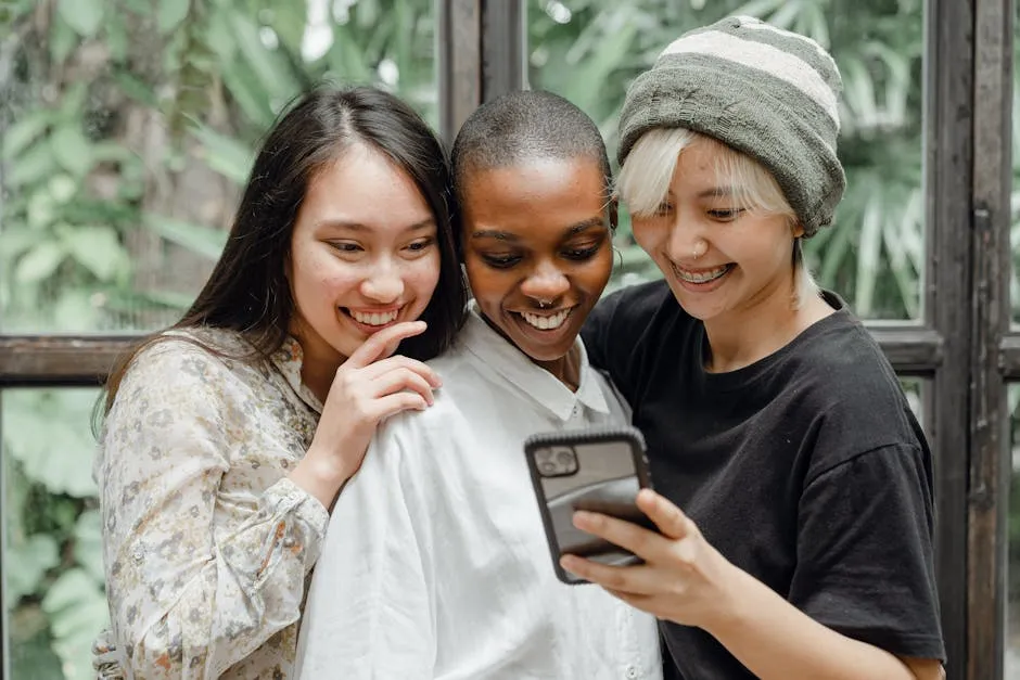 Happy young diverse female friends taking selfie on mobile phone