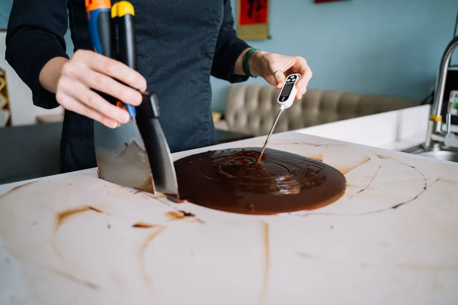 Person Checking the Temperature of a Chocolate Icing