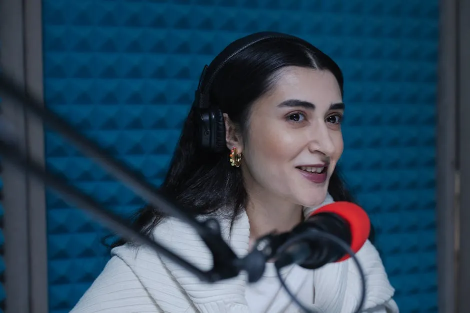 A Woman Talking on a Microphone